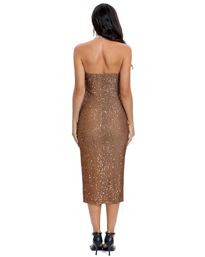 Capuffy Women Strapless Sequin Fantasy Midi Dress Sleeveless Tube Bodycon Club Dress Sparkly Glitter Cocktail Party Dress 77