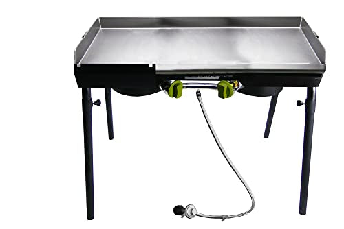 Bayou Classic Dual Patio Camp Stove w/Double Griddle Features Dual 6-in Cast Aluminum Burners 27-in Tall Cooker 13.5-in x ...