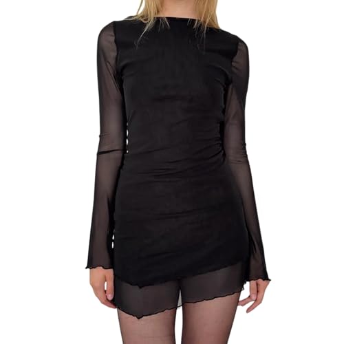 Women’s Floral Tie Dye Sheer Mesh Mini Dress Sexy Mock Neck Split Bodycon Flared Long Sleeve Beach Party Dress
