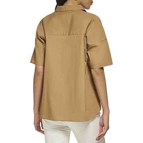 Calvin Klein Womens Poplin Hi Lo Short Sleeve Button Down Blouse