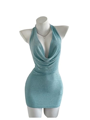 SOLY HUX Women's Shiny Deep V Neck Halter Bodycon Mini Dress Sleeveless Cocktail Prom Pencil Dresses