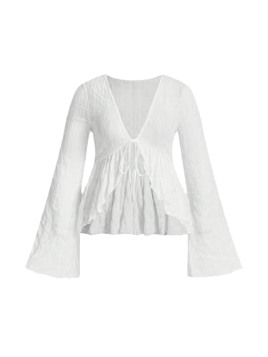 WDIRARA Women's Plus Size Sexy Sheer Mesh Tops Deep V Neck Bell Long Sleeve Tee Shirts