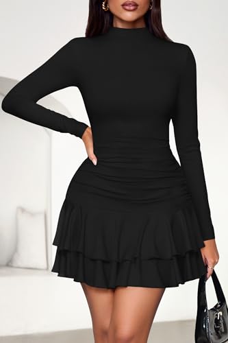 PRETTYGARDEN Womens Spring Long Sleeve Dresses 2026 Mock Neck Ruched Y2K Clothes Ruffle Layered Bodycon Mini Party Dress