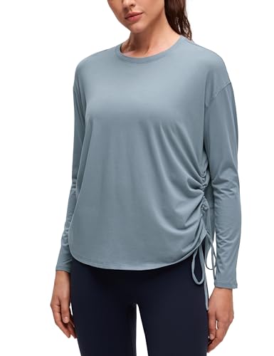 CRZ YOGA Pima Cotton Side Ruched Shirts for Women - Casual Workout Yoga Long Sleeve Tops Loose Crewneck Soft Comfort T-Shirts