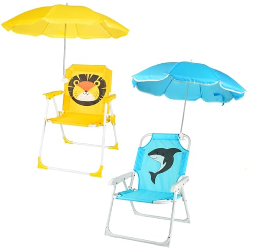 PLULON 2 Pcs Kids Beach Chair with Umbrella Folding Lawn and Camping Chair with Summer Shade for Beach Pool Travel Outdoo...