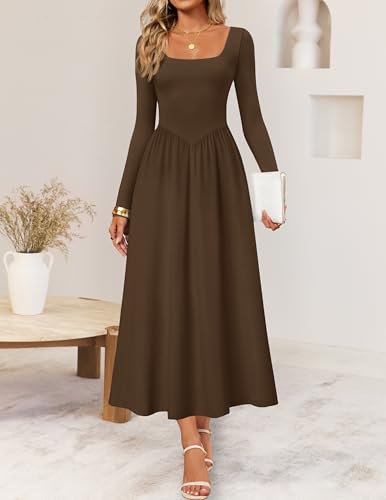 ZESICA Spring Dresses for Women 2026 Elegant Classy Square Neck Long Sleeve Flowy Wedding Guest Party Midi Dress