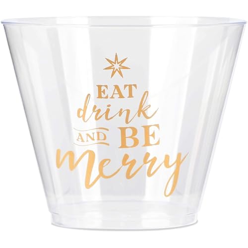 Sparkle and Bash Clear Plastic Cups - Festive Print for Eat, Drink & Be Merry Party Supplies - Durable Plastic Cocktail Gl...