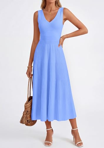PRETTYGARDEN Women's Summer Casual Dresses 2026 Spring Sleeveless V Neck Midi Business Work A Line Pleated Cocktail Dress