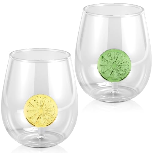 Remerry 2 Pcs Lemon Wine Glasses 12oz Yellow Lemon Slice Stemless Wine Glasses with 3D Lime Slice Figurines Inside Icon Gl...