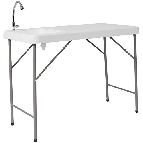 Flash Furniture Wesley 4' Portable Fish Cleaning Table with Sink, Outdoor Portable Folding Camping Sink Table with Faucet,...