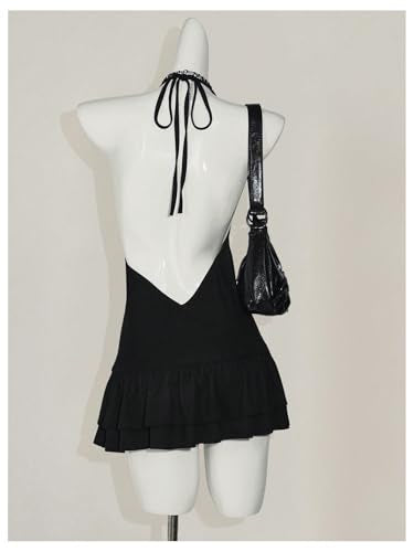 MakeMeChic Women's Halter Mini Dress Sparkly Ruffle Tiered Sleeveless Tie Back Fall Y2K Clothes Rave Outfit