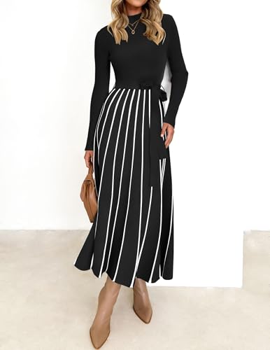 ZESICA Womens 2026 Spring Turtleneck Long Sleeve Sweater Dress Tie Waist Casual Loose Ribbed Knit A Line Midi Dresses