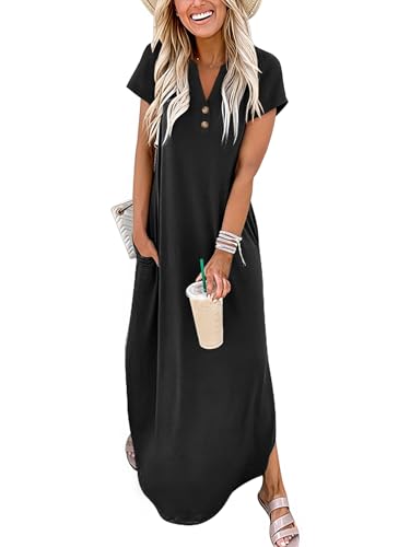 ANRABESS Women Summer Maxi Dress Casual Short Sleeve V Neck Button Up Loose Split Travel Dresses 2026 Beach Vacation Sundress