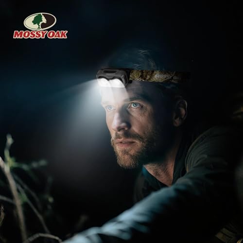 Mossy Oak 600 Lumens Rechargeable Headlamp, Lightweight LED Headlight with White & Red Light, Waterproof Head Lamp with No...