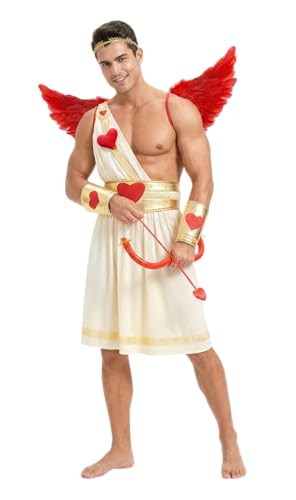 Boveco 6PCS Adult Cupid Costume for Men Valentines Day Cupid Costume with Wings, Bow & Arrow Fun Outfit for Party Cosplay