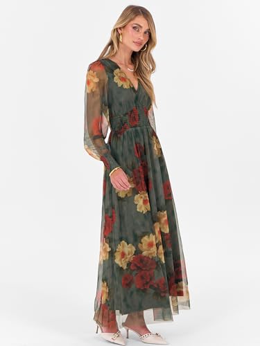 ANRABESS Women's Floral Maxi Dress 2025 Fall V Neck Puff Long Sleeve Flowy Casual Wedding Guest Tea Party Tulle Dresses