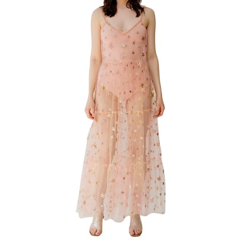 Women's See Through Tulle Maxi Dress Shiny Sequined Stars Spaghetti Strap Cover Up Dresses Festival Outfit