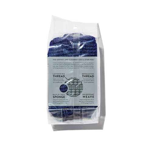 GOSHI Exfoliating Shower Sponge - Rip-Resistant, Rapid-Drying Exfoliating Bath Sponge for All Skin Types - Indigo Blue - Made in Japan