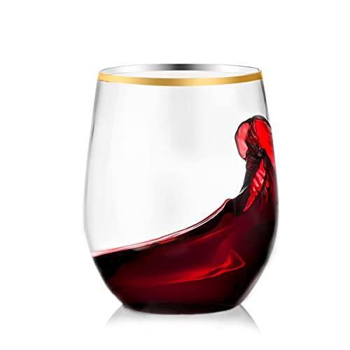 SUT 32 Pack 12oz Gold Rimmed Plastic Wine Glasses Stemless, Disposable Wine Cups with Premium Quality, Reusable, Unbreakab...