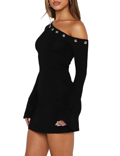 OOQONQ Women's Fall Off The Shoulder Long Flared Sleeve Mini Dress Neckline with Silver Eyelet Bodycon Party Club Dresses