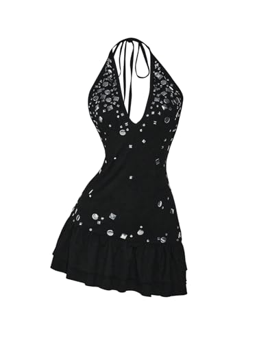 SOLY HUX Women's Sparkly Rhinestone Halter Mini Dress Sexy V Neck Sleeveless Layered Ruffle Party Club Summer Dresses