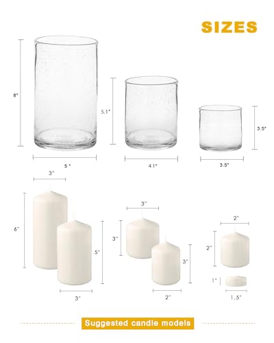 ARIAMOTION Hurricane Glass Candle Holders Set, Pillar Votive,Clear Seeded Bubbles Cylinder Vase,Modern Rustic Table Center...
