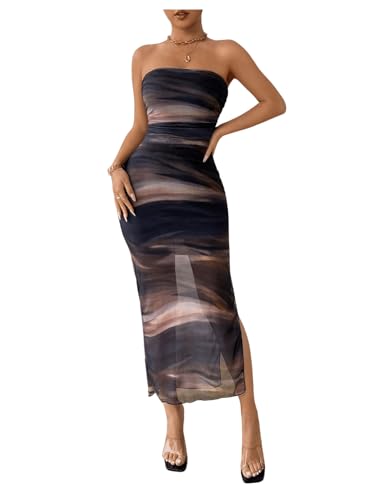Milumia Women's Tie Dye Printed Ruched Tube Dress Strapless Mesh Split Rave Maxi Dresses
