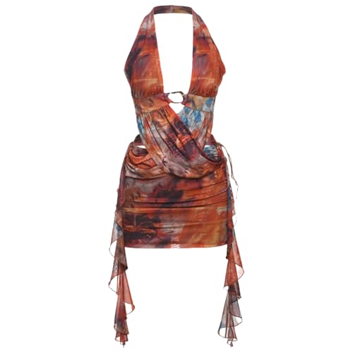 Women's Sexy Halter Tropical Printed Mini Dress Sleeveless A Line Bodycon Dress Backless Party Vacation Dresses