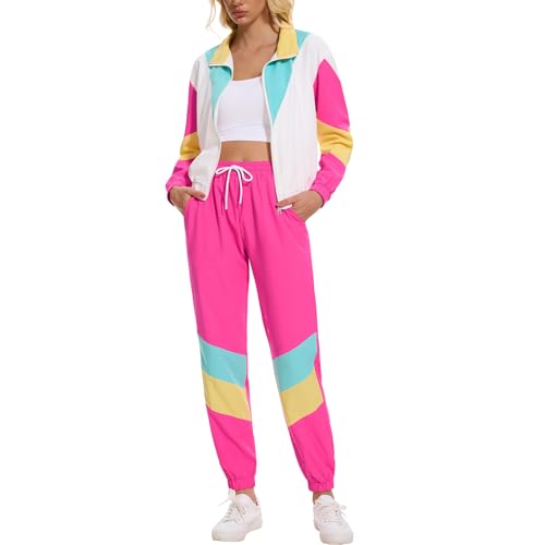 ZDT Women's Color Block 80s 90s Outfit 2 Piece Costume Zip Up Windbreaker Track Suits Set New