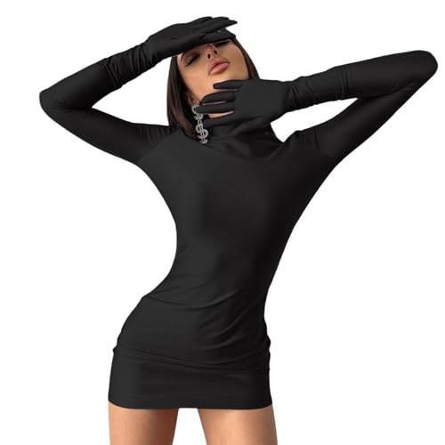 Caviotess Women's Sexy Turtleneck Mini Dress with Gloves Long Sleeve Bodycon Dress Party Festival Outfit Clubwear