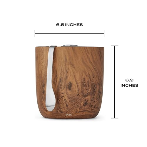 S’well Stainless Steel Ice Bucket with Tongs, 68oz Capacity, Teakwood Finish, Triple-Layer Vacuum Insulated to Keep Ice Co...