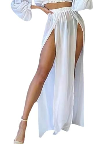 Mluiov Women's Sheer Mesh Chiffon Double Slit Cover Up Skirt Rave Festival Costume Swim Beach Flowy Long Maxi Skirts