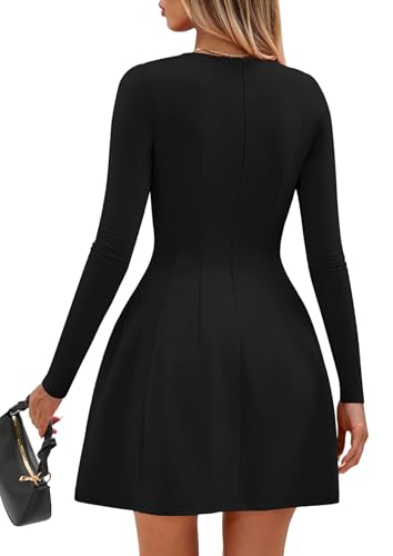 PRETTYGARDEN Long Sleeve Mini Dress for Women 2026 Spring Crewneck Knit Pleated Babydoll A Line Casual Short Party Dresses
