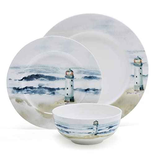 Mikasa Seaside Coastal Bone China Lightweight Chip Resistant 12 Piece Dinnerware Set, Service for 4