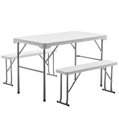 BTEXPERT 3-Piece Set Plastic Portable Folding Beer Picnic Table & Two Benches Seats Foldable Heavy Duty White for Party RV...
