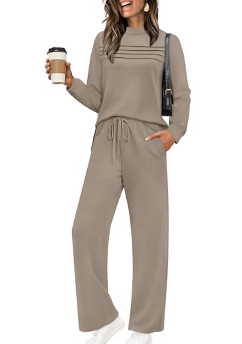 WIHOLL Two Piece Sets for Women Fall Travel Vacation Outfits Long Sleeve Lounge Sets Side Slit Wide Leg Pants S-3XL