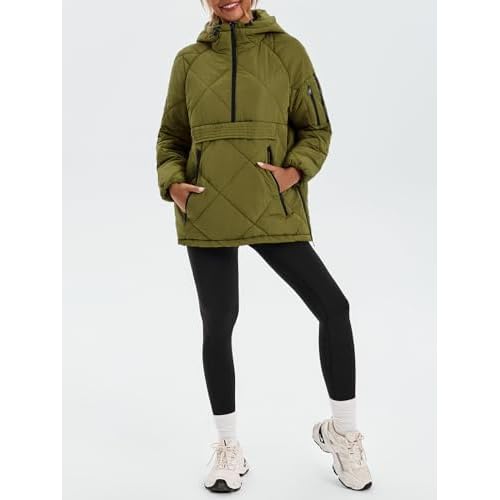 Cicy Bell Women's Quilted Puffer Pullover Jackets Oversized Half Zip Puffy Hooded Outerwear Warm Winter Coats