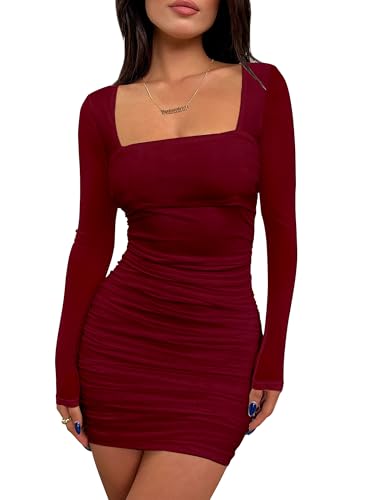 BORIFLORS Women's Sexy Ruched Bodycon Mini Dress Mesh Long Sleeve Club Party Short Dresses