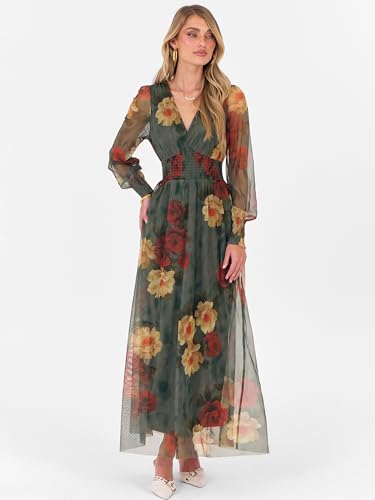 ANRABESS Women's Floral Maxi Dress 2025 Fall V Neck Puff Long Sleeve Flowy Casual Wedding Guest Tea Party Tulle Dresses