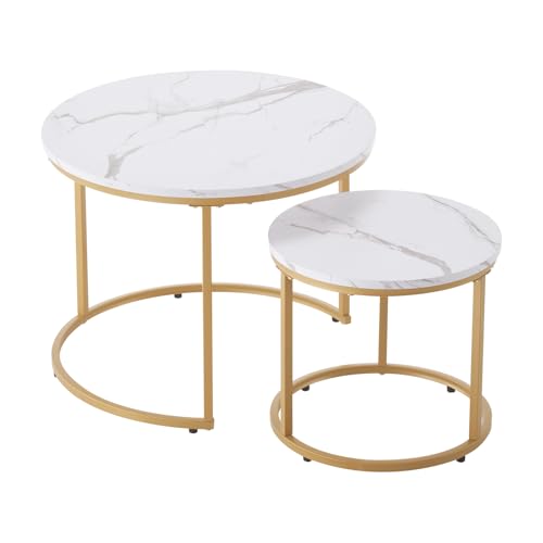 VEVOR Nesting Tables, Coffee Table Set of 2, 23.6 inch Round Coffee Table, Small Coffee Tables Night Stand with Metal Frame, for Living Room, Bedroom, Office (White & Gold)