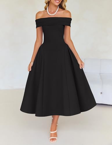ZESICA Cocktail Dresses for Women's Elegant Off Shoulder Short Sleeve Swing A Line Wedding Evening Party Midi Dress