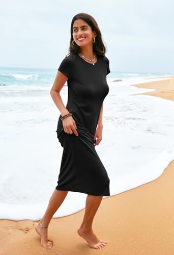 MEROKEETY Women's 2025 Summer Short Sleeve Tshirt Dress Casual Crew Neck Beach Long Maxi Dresses