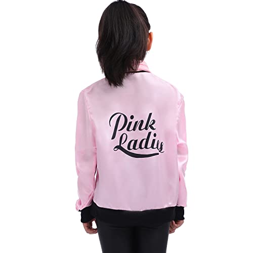 Leadtex 1950s Girls Party Pink Ladies Jacket Grease Costume with Chiffon Pink Neck Scarfs and Black Cat Eye Glasses