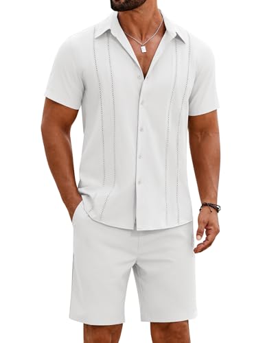 COOFANDY Men's 2 Piece Outfits Cuban Guayabera Short Sleeve Shirts and Shorts Summer Beach Vacation Sets for Men