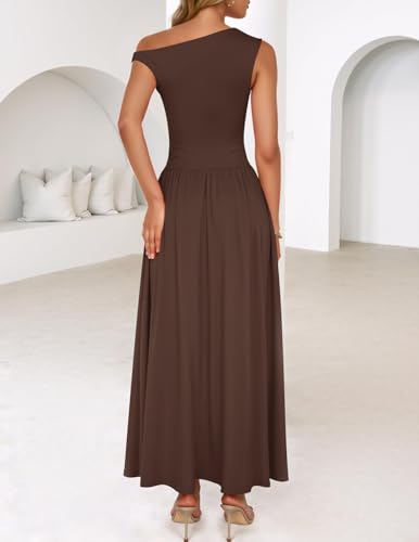 ZESICA Women's Summer 2026 Sleeveless Maxi Dress One Shoulder Casual Slim Swing Pleated Formal Dresses with Pockets