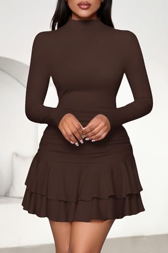 PRETTYGARDEN Womens Spring Long Sleeve Dresses 2026 Mock Neck Ruched Y2K Clothes Ruffle Layered Bodycon Mini Party Dress
