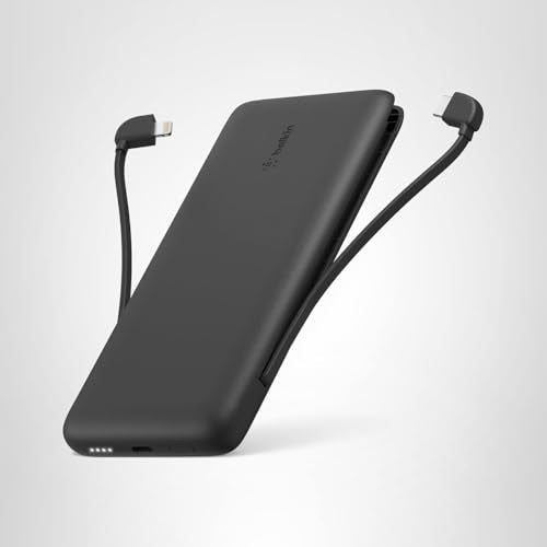 Belkin Portable Charger Power Bank for iPhone/Android - 10,000mAh, 23W Battery Pack for Phone with Integrated USB-C, Lightning Cables - Pass-Through Capability, Charge 2 Devices at Once