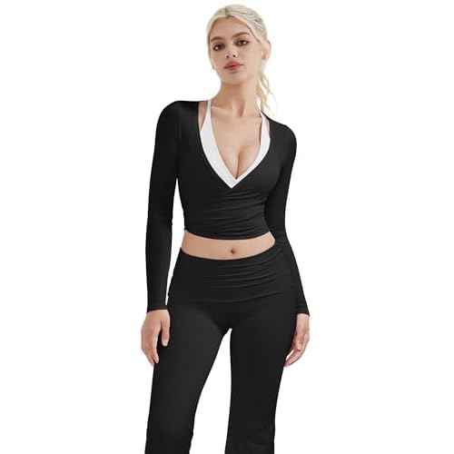 SUUKSESS Women Pilates Wrap Workout Cropped Top Ribbed Long Sleeve V Neck Tie Front Ballet Yoga Shrug Blouse