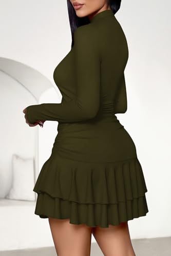PRETTYGARDEN Womens Spring Long Sleeve Dresses 2026 Mock Neck Ruched Y2K Clothes Ruffle Layered Bodycon Mini Party Dress