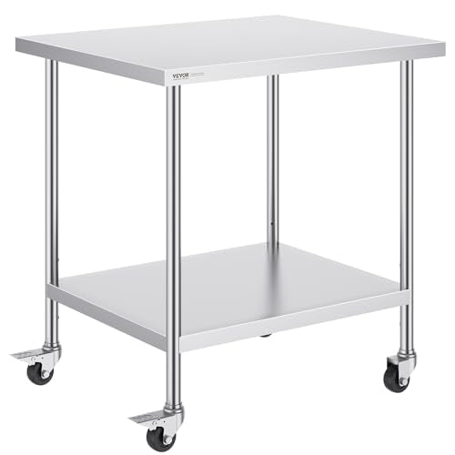 VEVOR Stainless Steel Work Table 30 x 18 x 38 Inch, with 4 Wheels, 3 Adjustable Height Levels, Heavy Duty Food Prep Worktable for Commercial Kitchen Restaurant, Silver